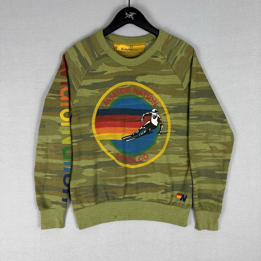 Aviator Nation Camo Graphic Raglan Long Sleeve Sweatshirt XS California Outdoor